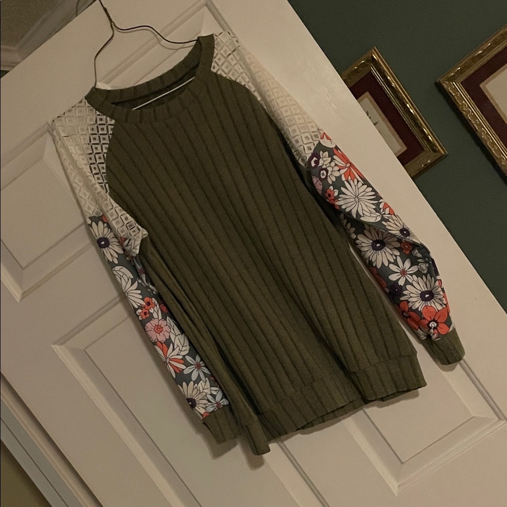 Floral Sleeve Olive Green Dress